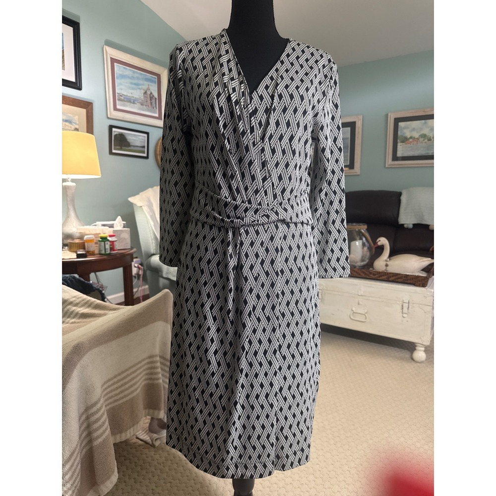 Talbots Womens Black White Geometric Faux Wrap Sheath Dress Size M Long Sleeve